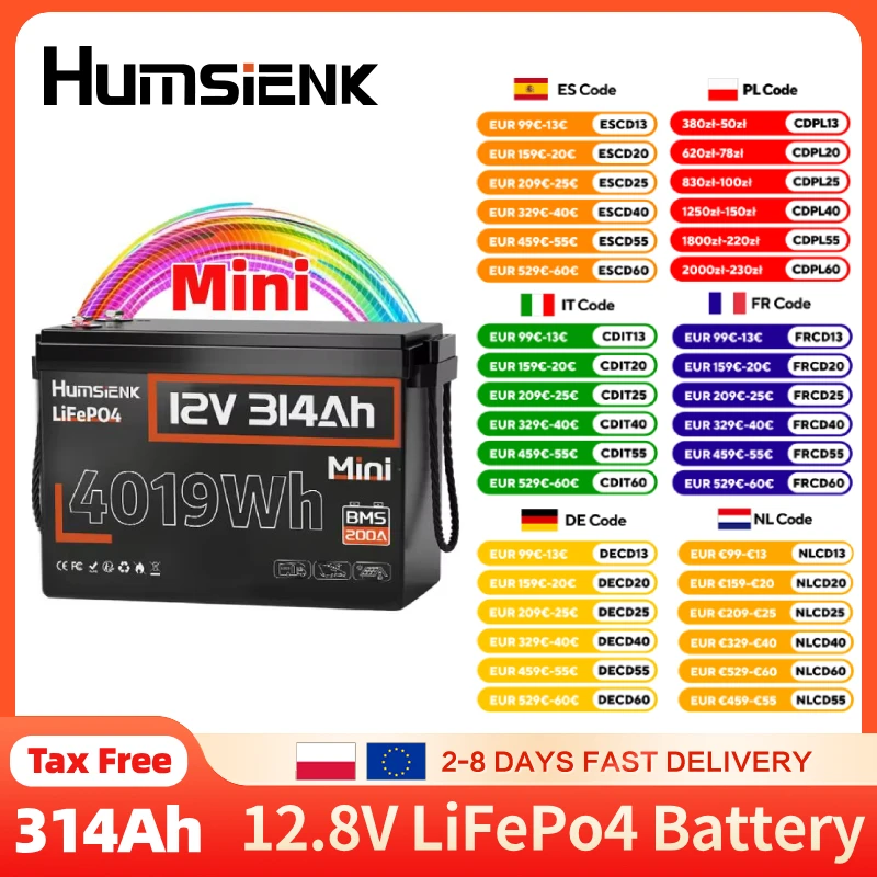 Humsienk 12V 314Ah Mini batterie au Lithium fer Phosphate intégré 200A BMS Grade A + cellules pour le Camping, la navigation de plaisance, la pêche, etc.