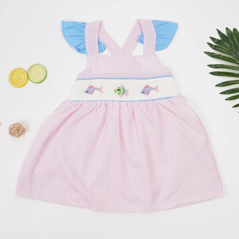 

Toddler Boutique Baby Girl Clothes Smock Dress Sleeveless Hand Fish Embroidery Princess Dress Lattice Shorts Suit For 1-6T Girls