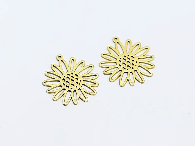 2pcs Brass Sunflower Charm, Daisy Earring Charms, Earring Accessories, Flower Brass Findings, 25.2x23mm, Jewelry Making - R1893