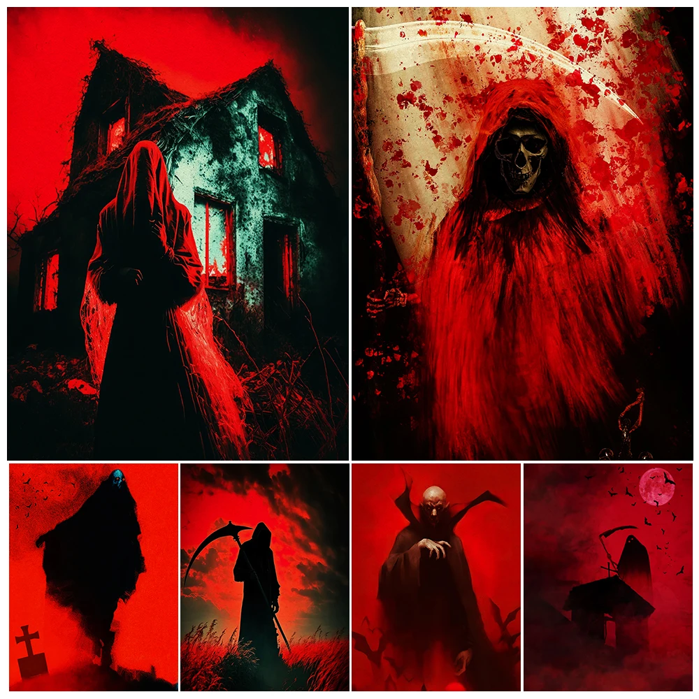 The Reaper Of The Soul,And Vampire Vintage Wall Art Canvas Painting Horror Red Background Demon Art Poster And Print Home Decor