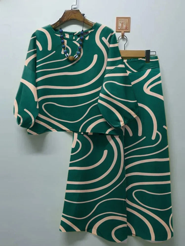 ZANZEA Fashion 2-częściowe zestawy damskie 3/4 rękawy topy i spodnie 2-częściowe stroje Casual Loose Printed Wide Leg Pant Suits Jesień 2024 — zdjęcie 2