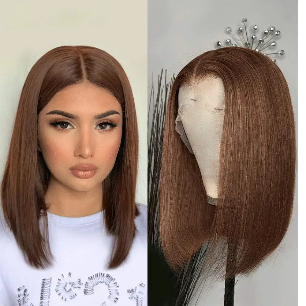 Wig Bob renda bagian gratis coklat #4 coklat warna cokelat lurus Brasil 13x4 Wig Frontal rambut manusia Bob pendek