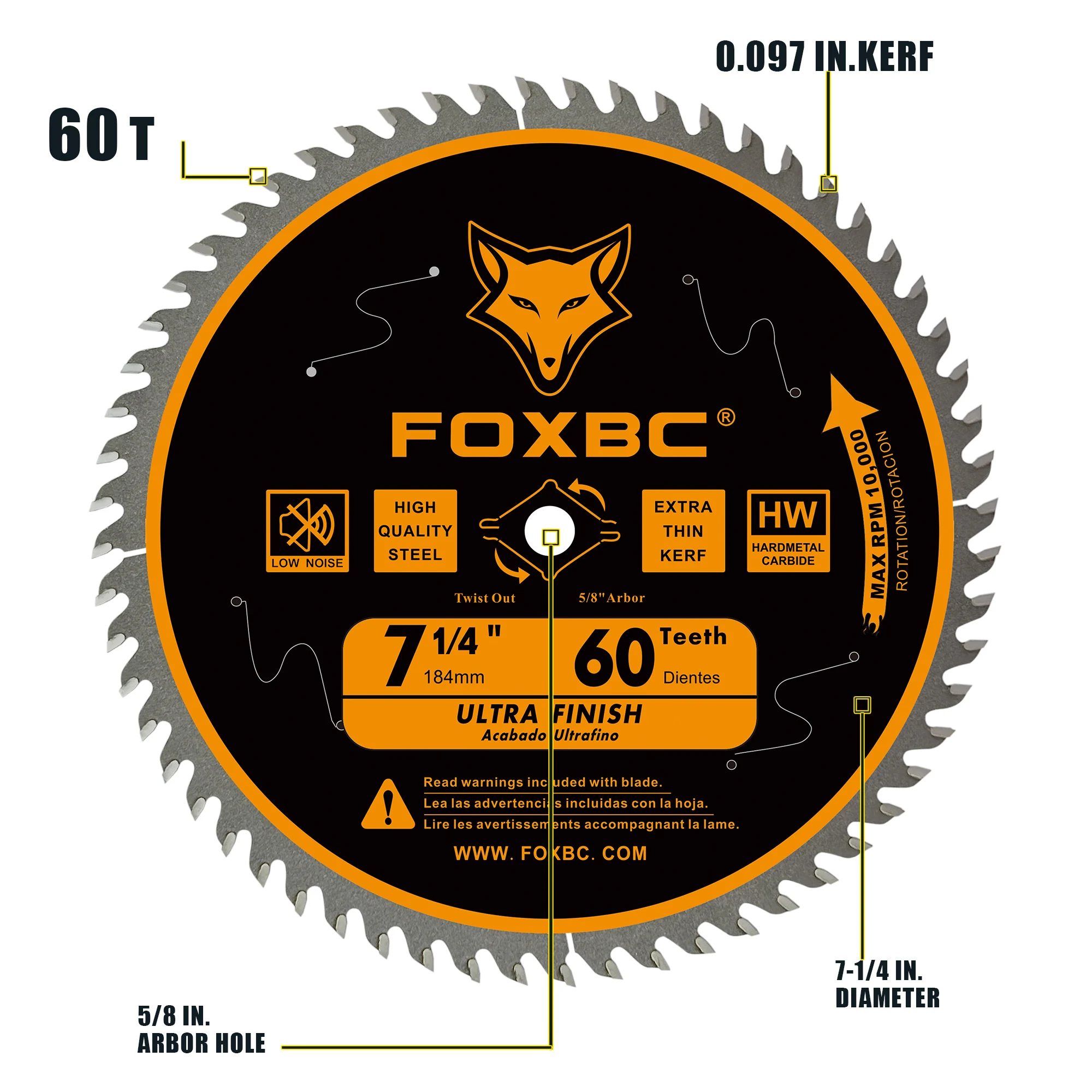 FOXBC-Lâminas de serra circular, substituição para DeWalt DWA171460, Freud Diablo, D0760A, D0760X, 184mm, 60T