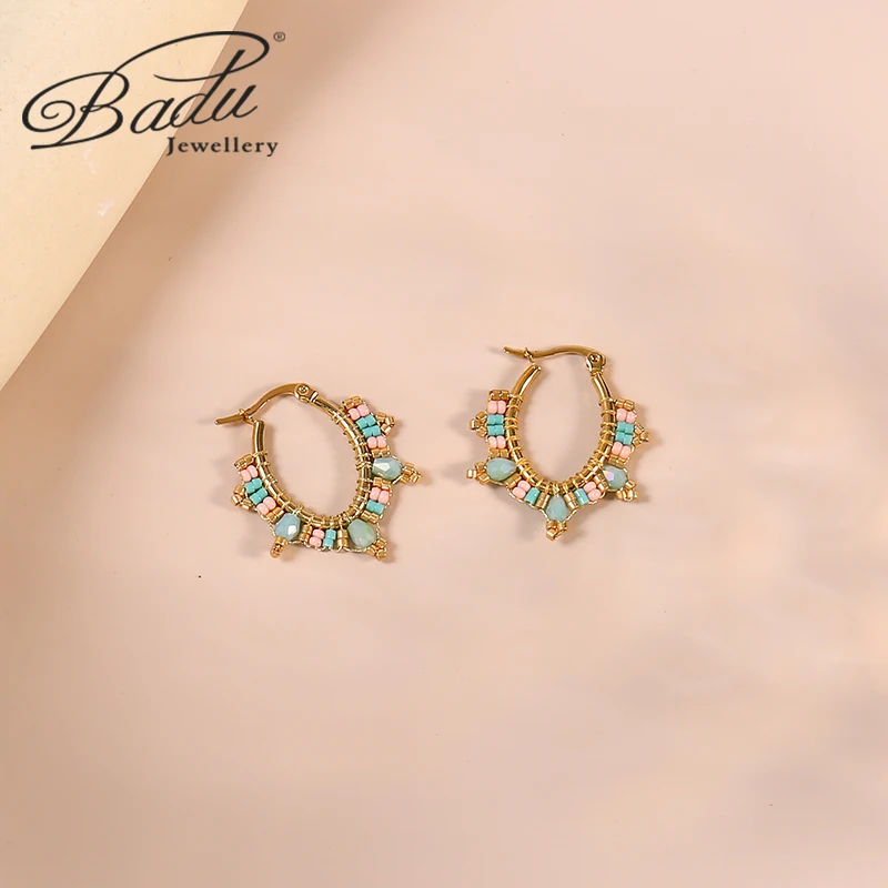 2023 New Fashion Boho Oval Hoop Earring for Women Statement Handmade Beaded Stainless Steel Jewelry Gifts Brincos