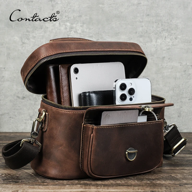 CONTACT\'S-Bolso de hombro de cuero genuino para hombre, bolsa de viaje con asa, organizador de fotografía, diseño de lujo