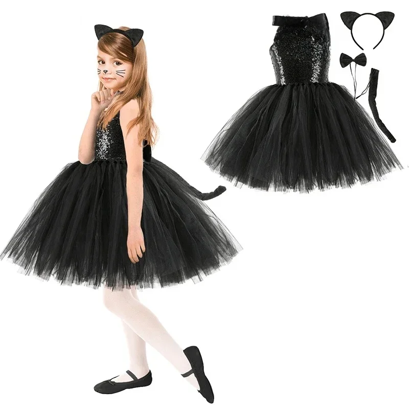 Halloween dziecko zwierzęcy kot Cosplay kostium dziewczęcy cekiny nylonowa siateczka Tutu sukienka nakrycie głowy ogon dzieci urodziny fantazyjne sukienki — zdjęcie 2