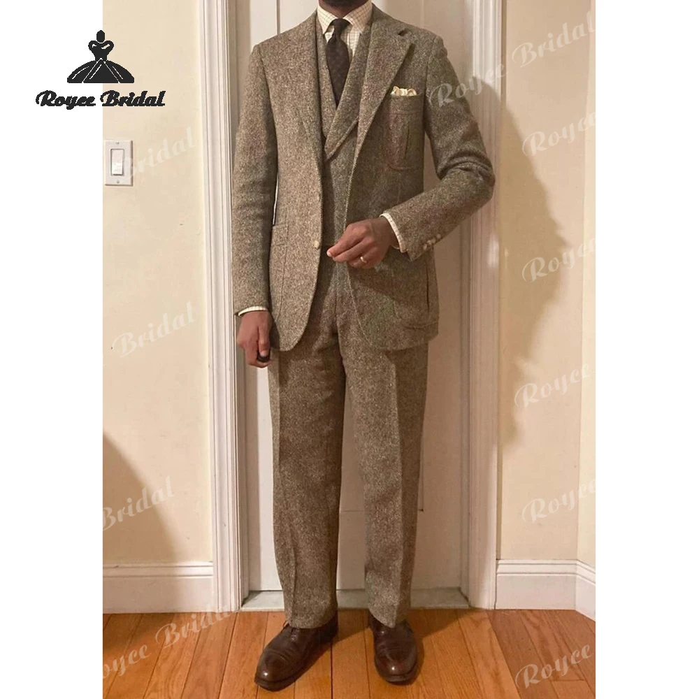 Vintage Tweed Herringbone Three Piece Men's Wedding Suit 2026 Notched Lapel Evening Suit Customized trajes para hombre