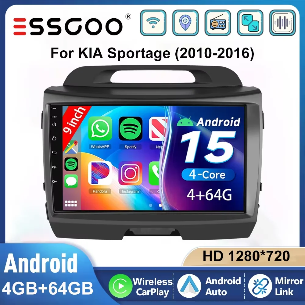 ESSGOO 9 Zoll Auto Stereo Radio Android 15 4+64GB Für KIA Sportage 2010‑2016 Kabelloses CarPlay Android Auto GPS Navigation RDS FM WIFI Bluetooth Mirror Link Lenkradsteuerung Touchscreen Multimedia