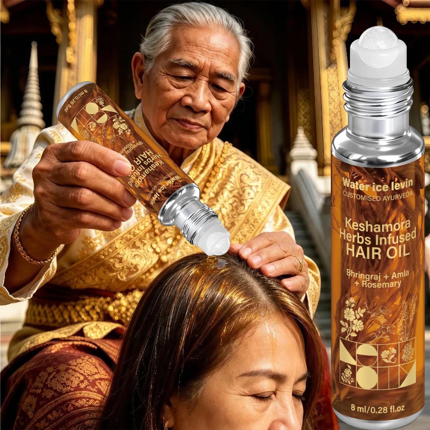 Water Ice Levin Keshamora Herbal Roll-On Hair Oil, Bhringraj Amla Rosemary Formula Hair Treatment Oil,8ml
