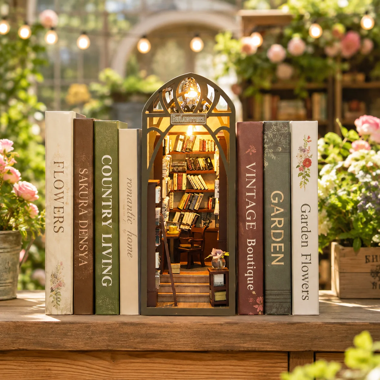 Library Wooden Book Nook Kit 3D Puzzle Bookshelf Bookend Dollhouse Model Building with Furniture Home Decoration