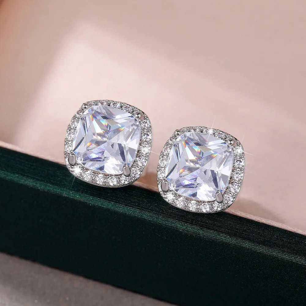 Cute Exquisite Women Square Explosion Sparkling Zircon Earrings Wedding  Jewelry Vintage Double Zircon Stud Earrings