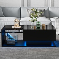 High Gloss Black coffee table 100x50x32 cm with Glass Top and Drawers Scratch-resistant with 1 Drawer with LED Lighting,