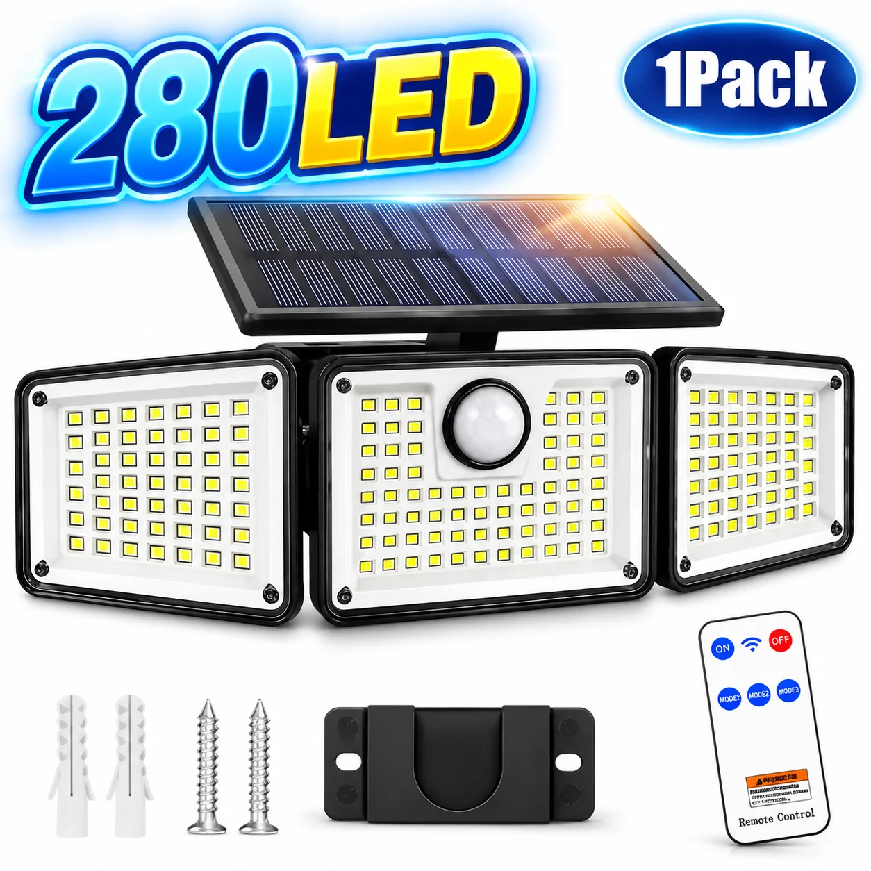 1Pack 280LED Solar Motion Sensor Light Outdoor, 3 Adjustable Heads Solar Security Wall Lamp with Remote Control, 270° Wide Angle Lighting, 3 Modes Wireless Solar Powered Light, IP65 Waterproof for Yard, Garage, Porch, Garden, Patio