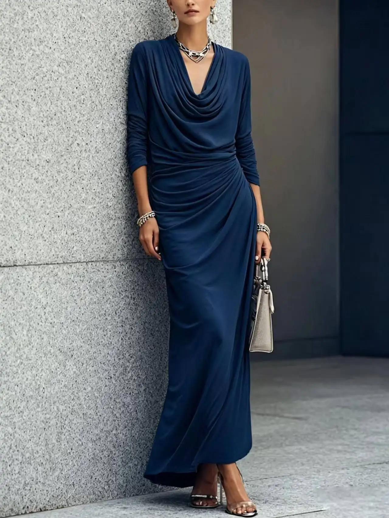Damen Burgunder Maxikleid Langarm Wasserfallausschnitt Gerafftes Bodycon-Kleid Elegantes Abendkleid Schlanke Passform Herbst-Winter-Mode – Detail 1