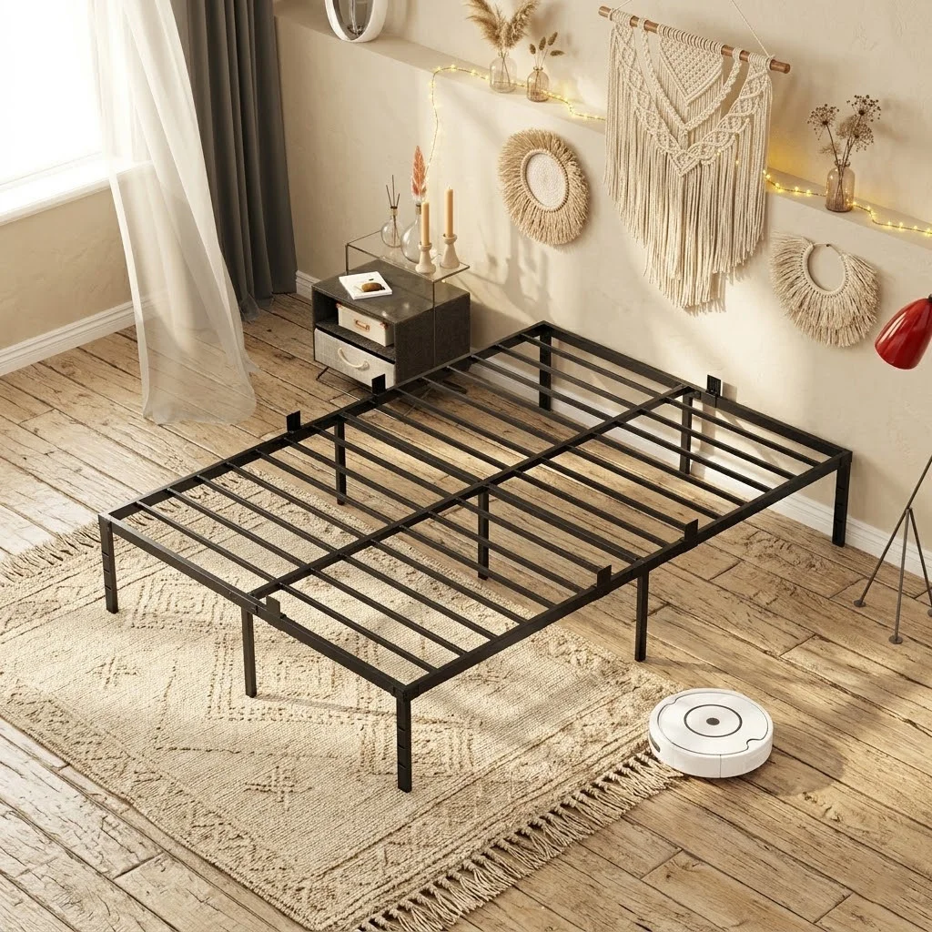 Image of Schwarzer Metallbettrahmen 140x200 cm – Robuste Metalllatten – 9 gebohrte Beine – Einfache Montage – Doppelbett für zwei Personen