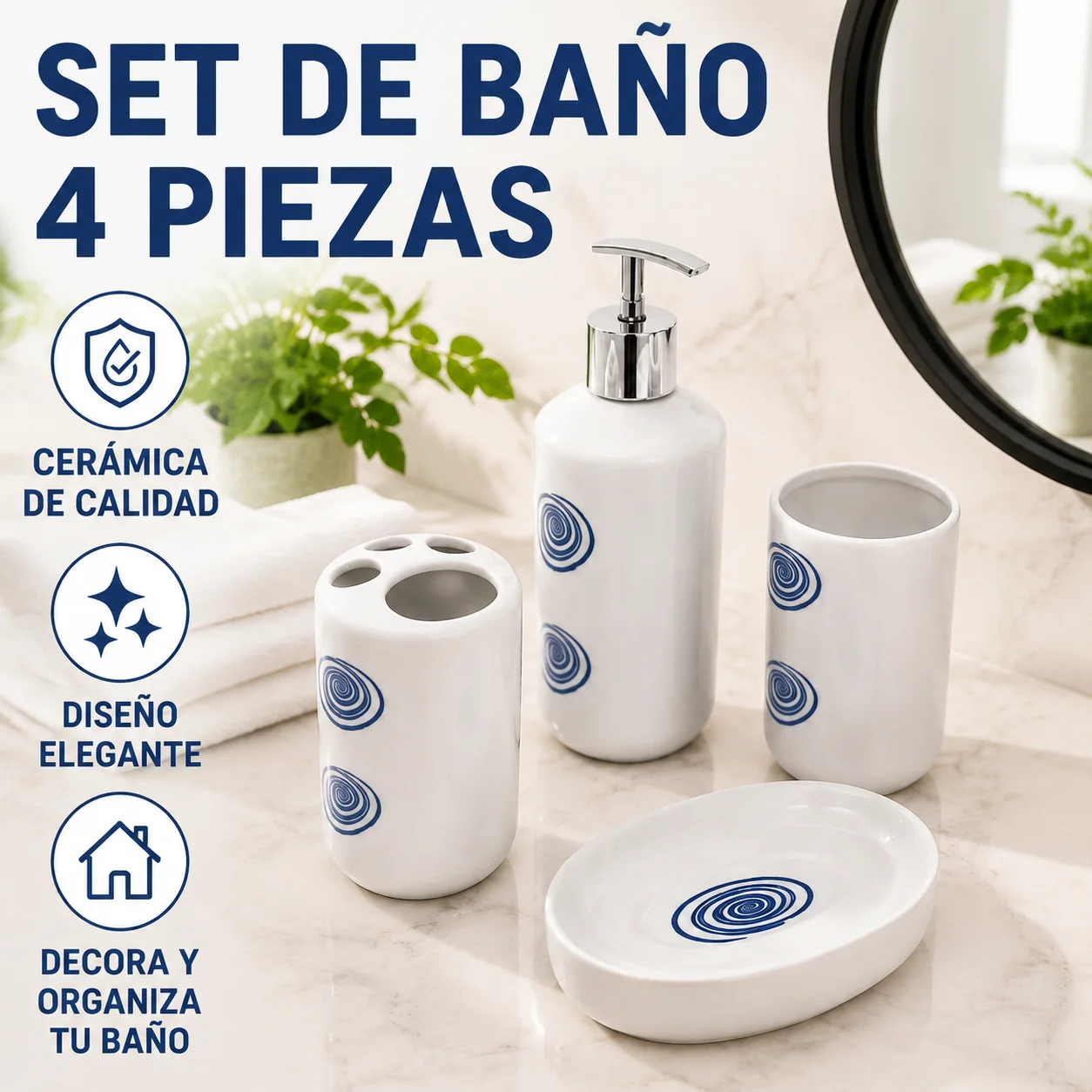 Ensemble de salle de bain en céramique 4 pièces avec motif spirale bleu et blanc, comprenant un distributeur de savon en métal, un porte-brosse à dents, un verre multi-usages et une porte-savon, résistant à l'humidité, surface lisse, facile à nettoyer, style décoratif moderne, idéal pour les salles de bain à domicile