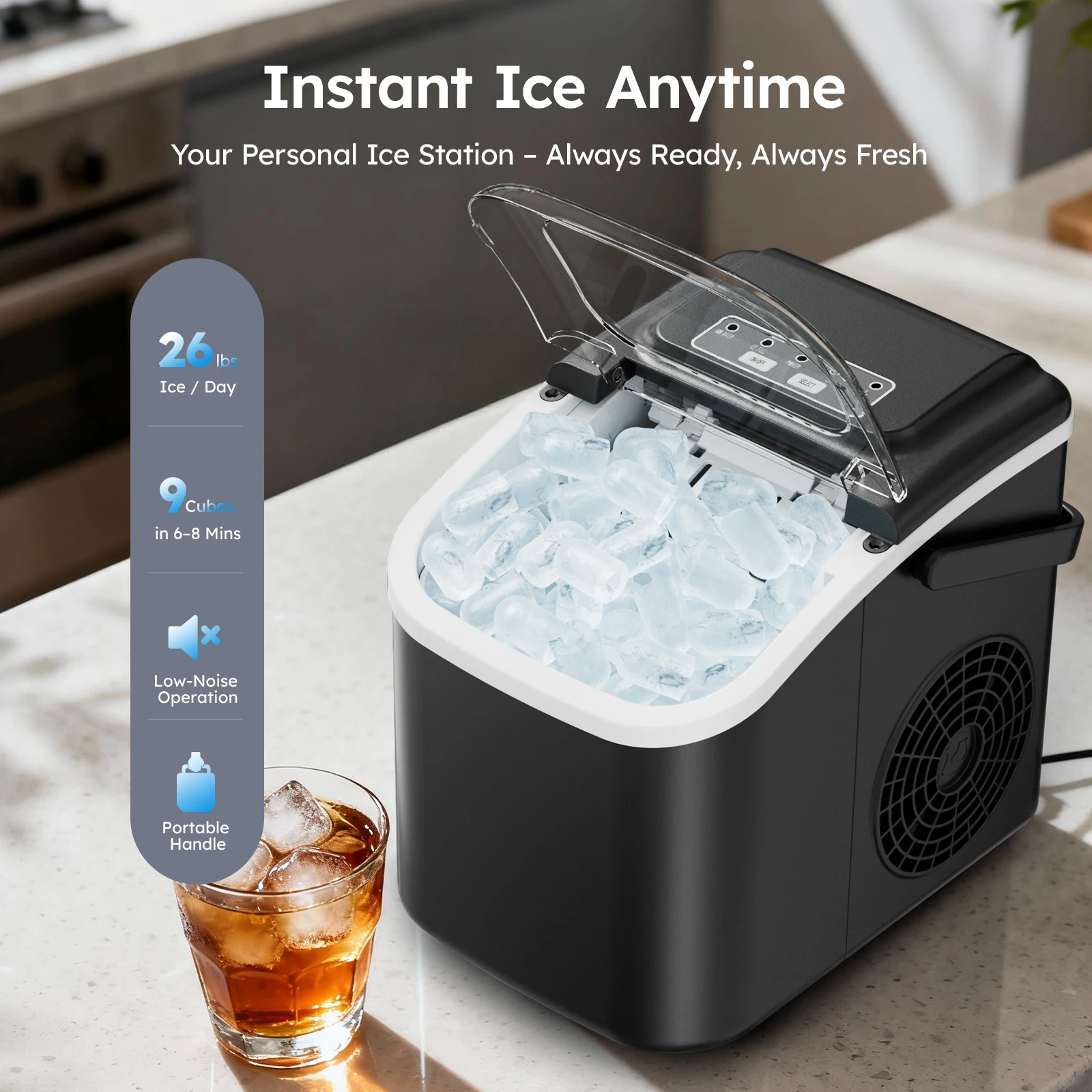 Portable Countertop Ice Maker with Handle – 26 lbs/24H, 8 Cubes in 6 Mins, Auto-Cleaning for Home & RV 2