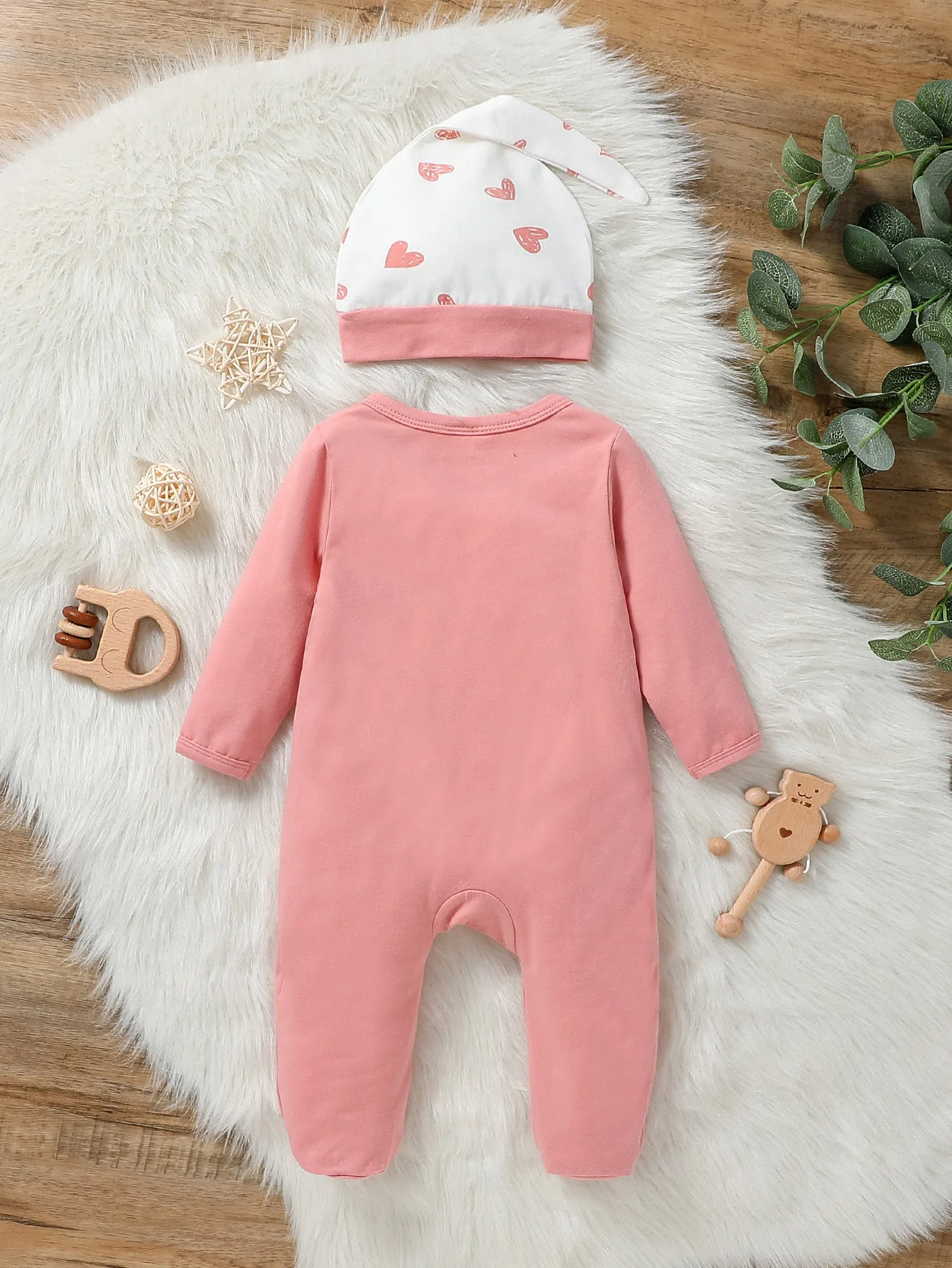 2Pcs Newborn Baby Girl Cute Spring/Autumn Cotton Long-sleeve Love Heart Print Footed Honey Comfort Jumpsuit +Hat