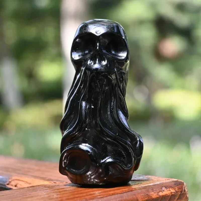 Black Obsidian Octopus Skull Art Carving Crystal Mineral Specimen Natural Stone Sea Creature Figurine Halloween Gift Home Decor