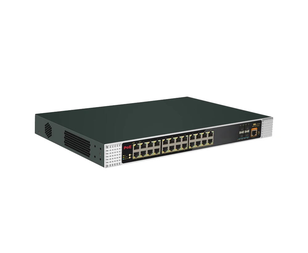 28 Port 6KV L3 Managed Industrial PoE Switch 24*10/100/1000Mbps PoE port+4 10G SFP+  400W Fan support VLAN ERPS+ Rack Mount