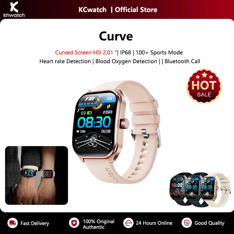 KHwatch 2.01 "曲面スクリーンメンズ腕時計 5.3 Bluetooth 通話 IP68 スポーツ防水腕時計女性の腕時計カップルの腕時計曲線
