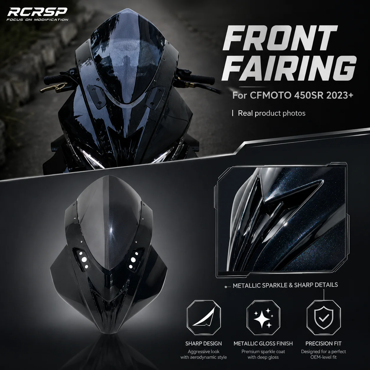 RCRSP For CFMOTO 450SR Motorcycle Accessories Front Fairing Front Body Kit Headlight Fairing Headlight Cowl  Windshield