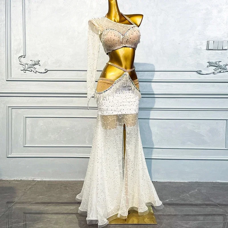 Kostium wydajnościowy BellyDance damski dostosowany lekki luksusowy AB kamienie frędzle szyfonowy zestaw odzież na konkurs tańca orientalnego — zdjęcie 2