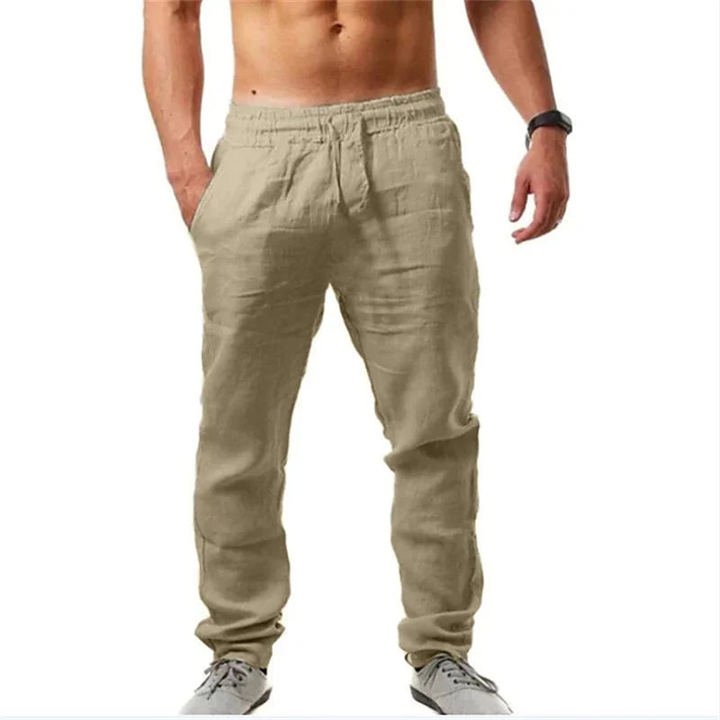 Calça de laço respirável relaxada solta masculina, calça leve casual, cor sólida, verão, 2024