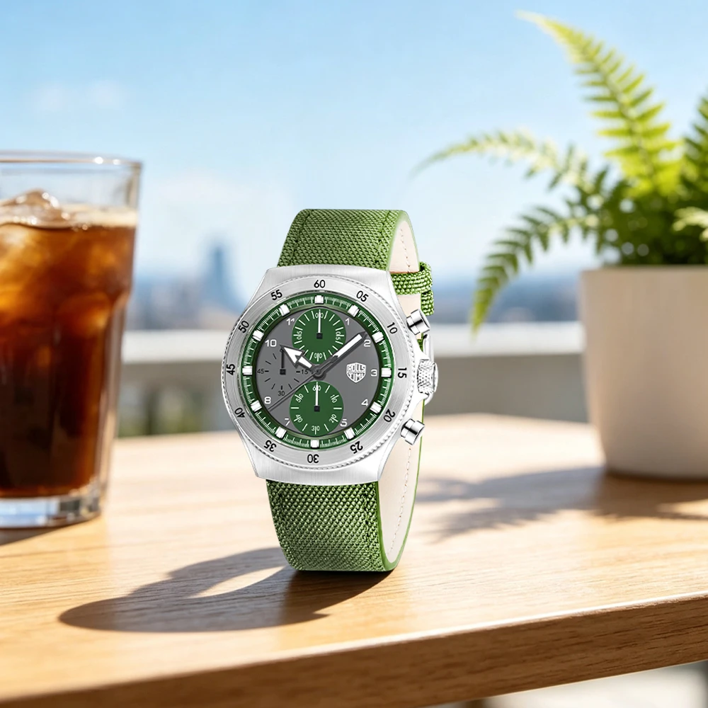Nouvelles montres à quartz pour hommes RollsTimi 2026, mode décontractée, chronographe VD55, verre saphir de qualité supérieure, bracelet en nylon, montres pour hommes étanches.