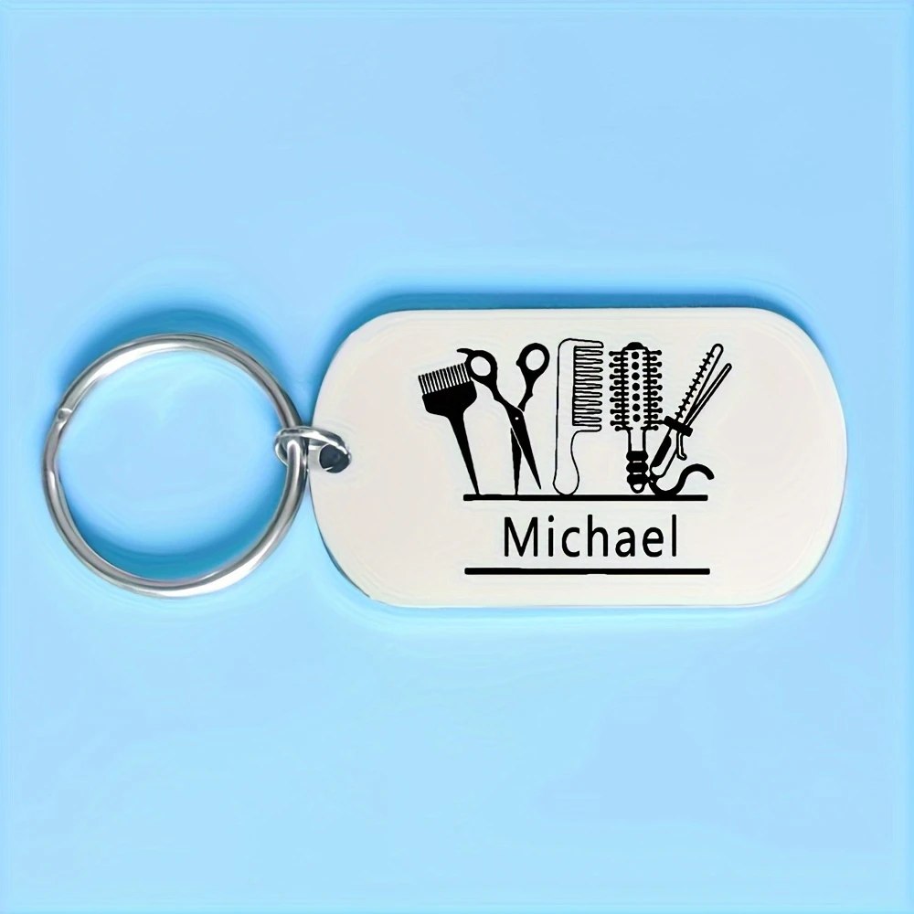 Custom Stainless Steel Hairdresser Keychain, cartoon hair tool design, durable keyring with personalized name.for hair stylists.