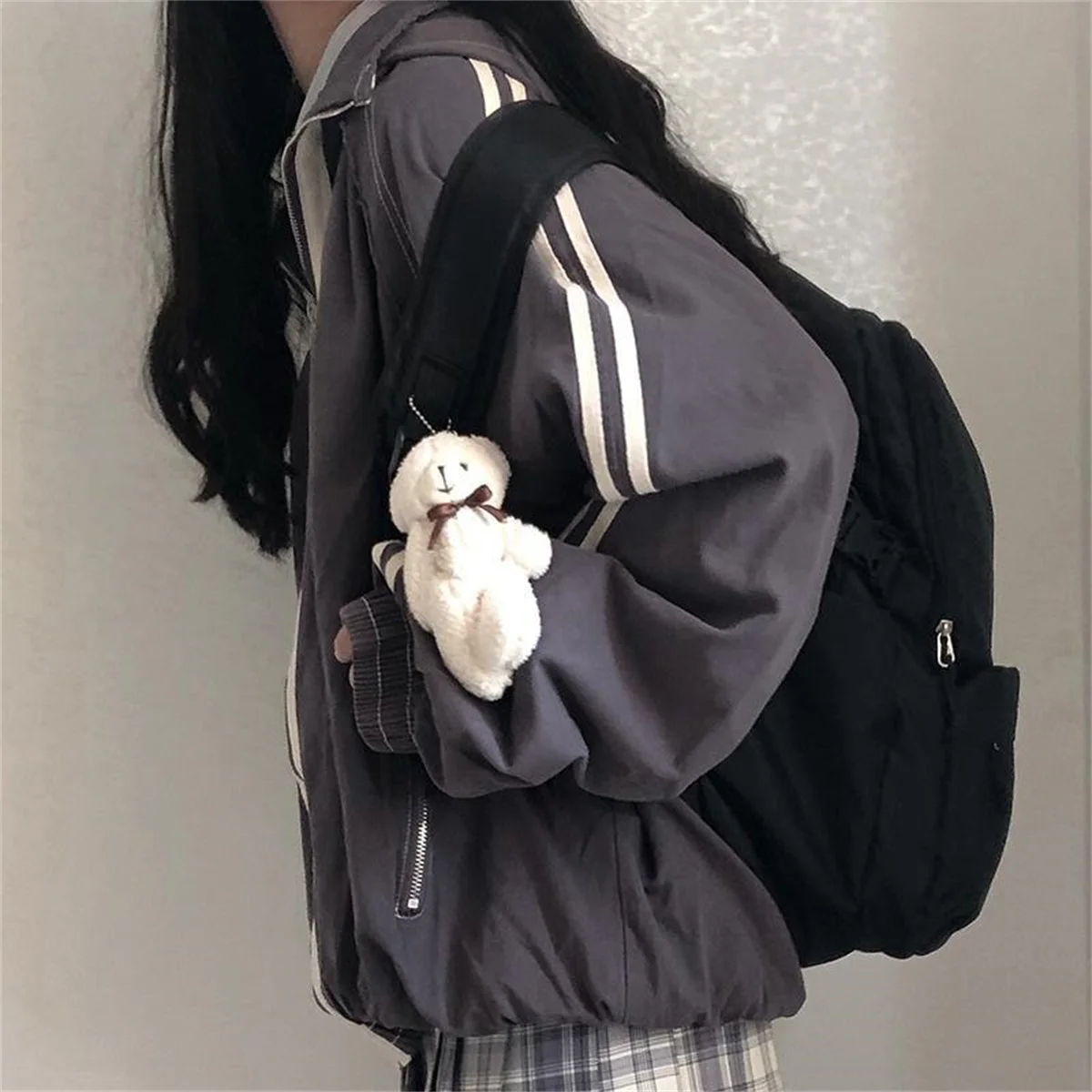 Spring Autumn Women Preppy Jackets Student Baggy Stand Collar Zipper Coats All-match Baseball Tooling Patchwork Outwear Casual