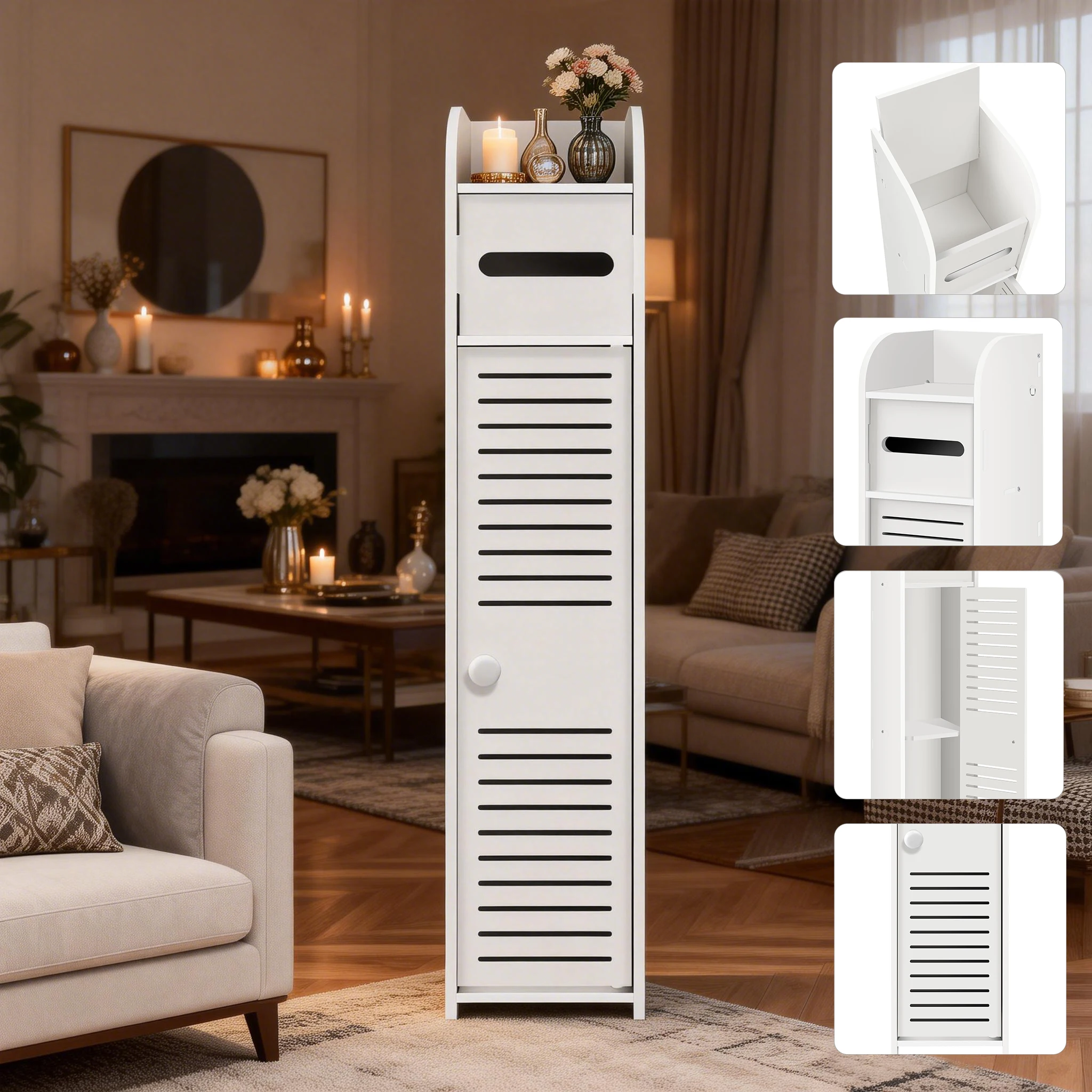 Meuble de rangement d'angle étroit pour salle de bain avec porte et étagères, 81×16×16 cm, armoire autoportante mince pour salon, cuisine, couloir, côté évier, organisateur multi-usages, gain de place, anti-poussière, idéal pour les petits espaces