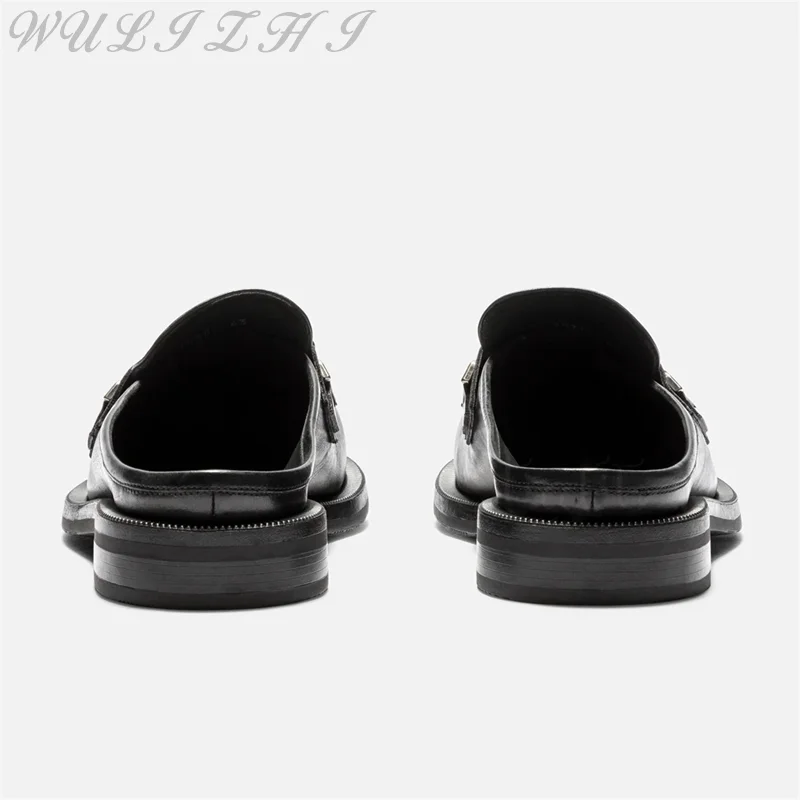 Luxury Round Toe Mule Shoes Fashion Chain Design Large Toe Men's Casual Handmade Outer Wear Comfortable Flat Slippers