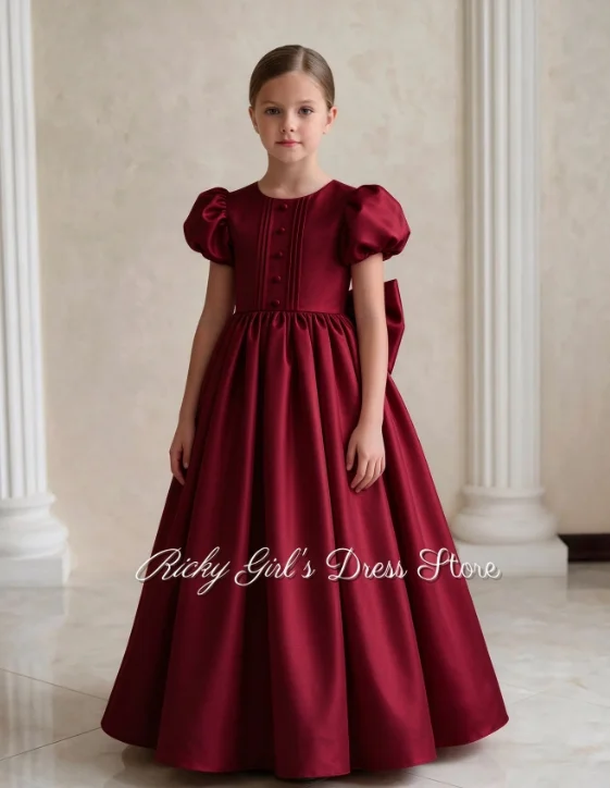 Elegante vestido de satén blanco para la primera comunión, con mangas cortas abullonadas, ideal para una pequeña princesa, para bodas, de largo hasta el suelo, para damas de honor.