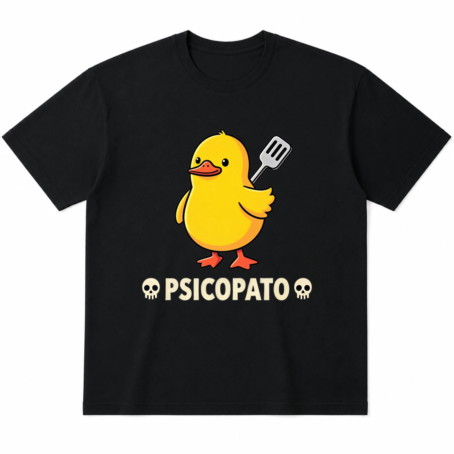 T-shirt nera unisex in cotone con stampa grafica, a maniche corte, con l'immagine di un'anatra gialla psicopatica, un modello divertente e unisex.