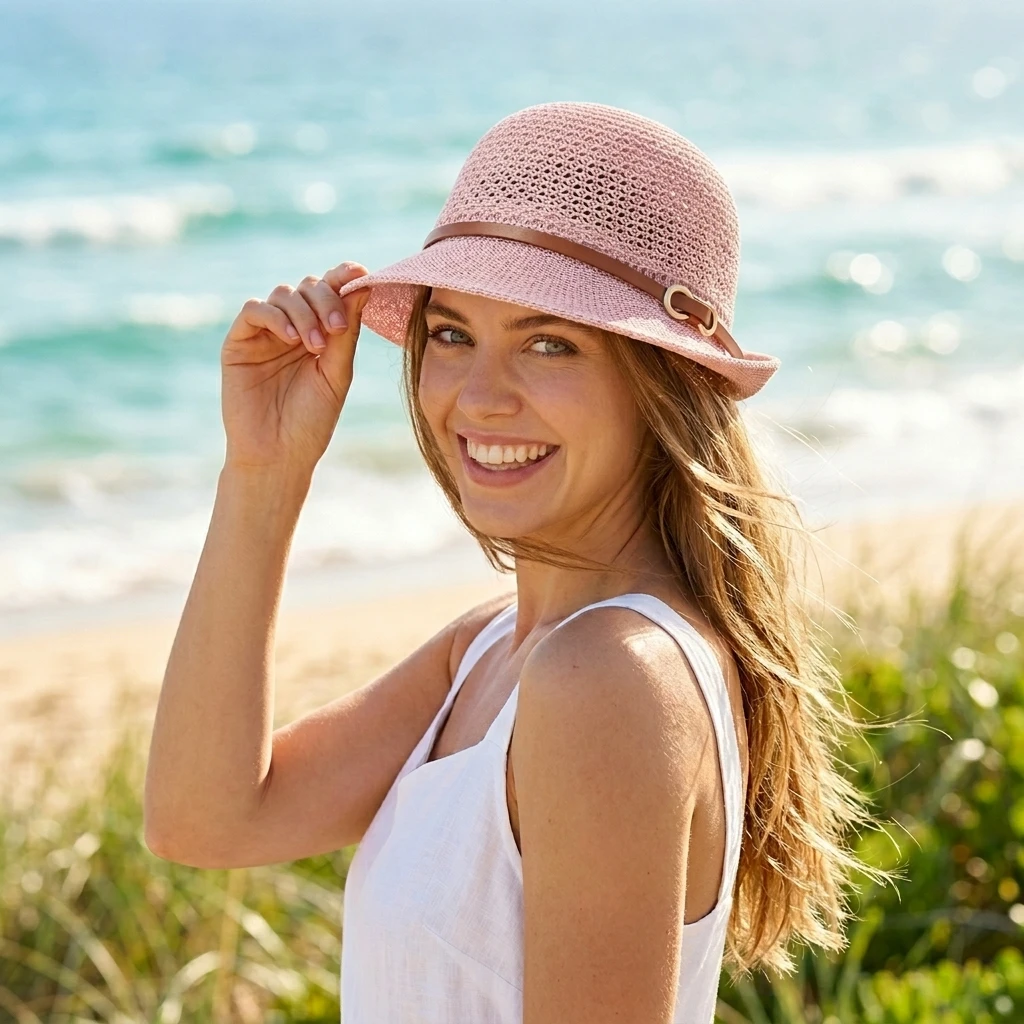 The Upgraded Elegant Ladies' Sun Hat Comes With a Transparent Hat Stand and Leather Strap Decoration Design.
