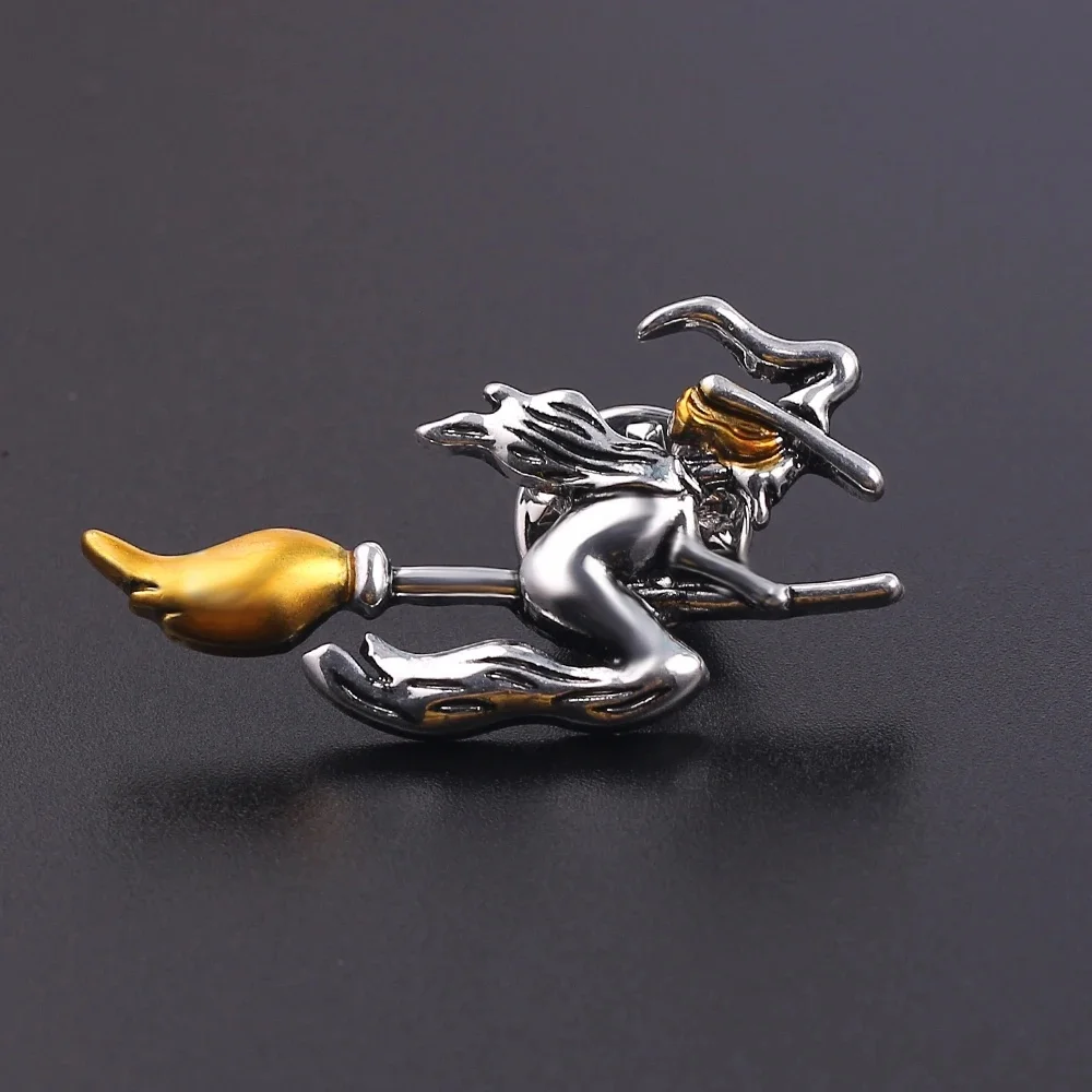 Image of Vintage Magician Brooch Witches Ride Broom Badge Metal Brooch Clothing Backpack Pin Fashion Jewelry Decoration Accessories Gifts