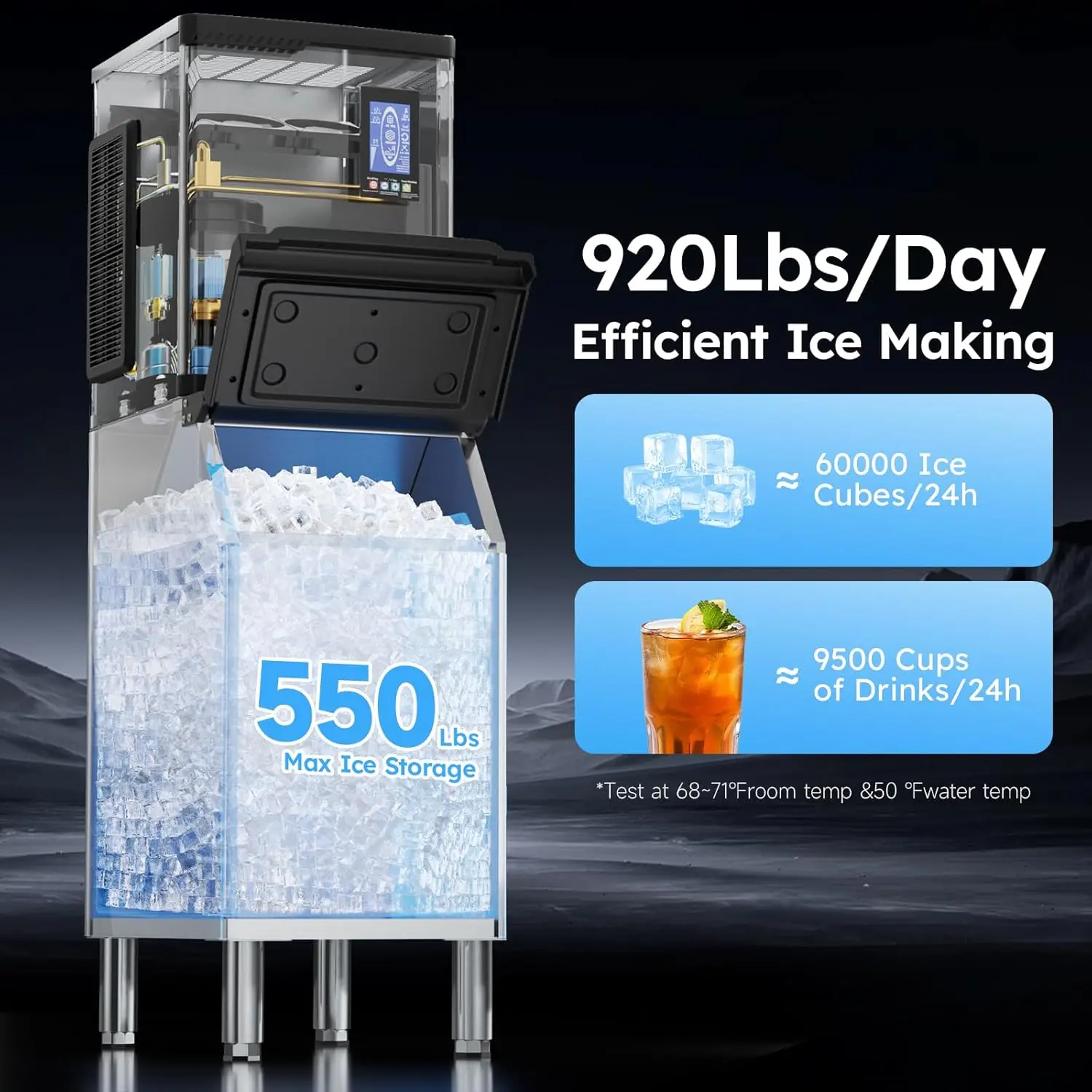 Commercial Ice Machine 920LBS/24H,Storage 550LBS,Large Industrial Ice Maker,Ice Ready in 5-15min,with Self-Cleaning Mode
