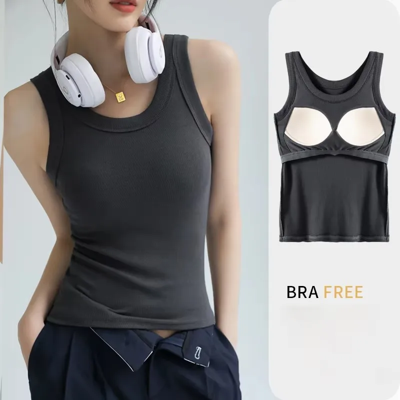 Modal Ribbed Camis with Built-in Padding Women Sleeveless Undershirt Summer Solid Color Outerwear Concealing Side Cleavage C4876