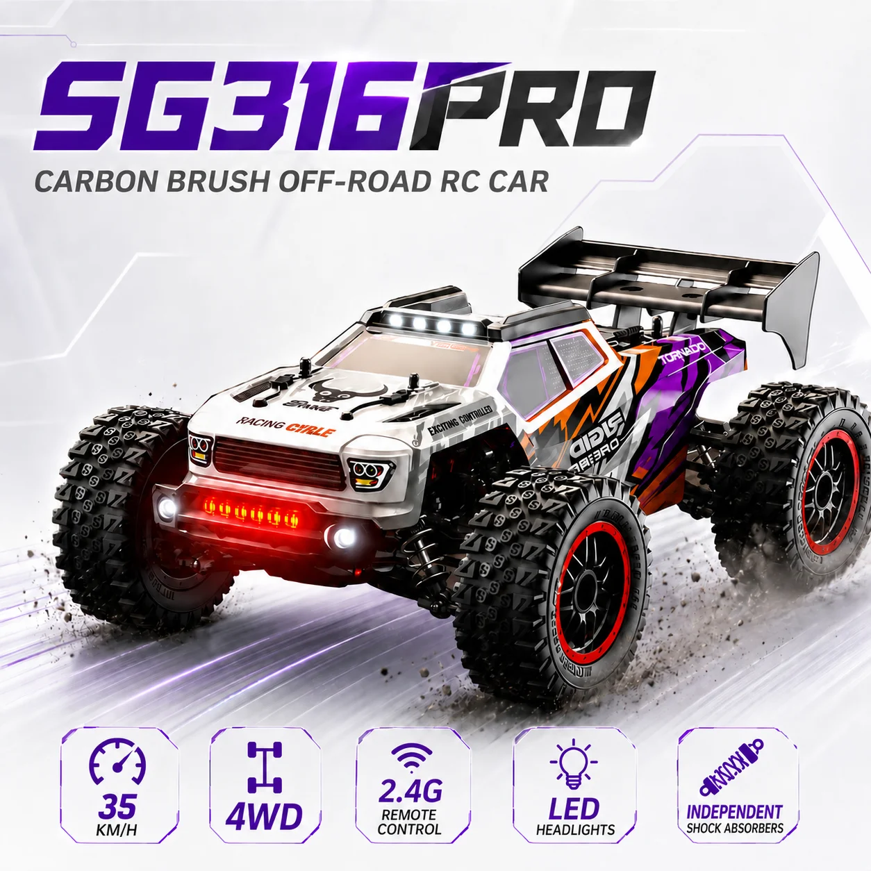 4WD 35KM/H RC Offroad-Fahrzeug mit Kohlebürstenmotor, Metall-Antriebswelle, unabhängiger Federung, Stoßdämpfer, LED-Scheinwerfern, 2,4G 150m Fernsteuerung, Hobby-Fahrzeug