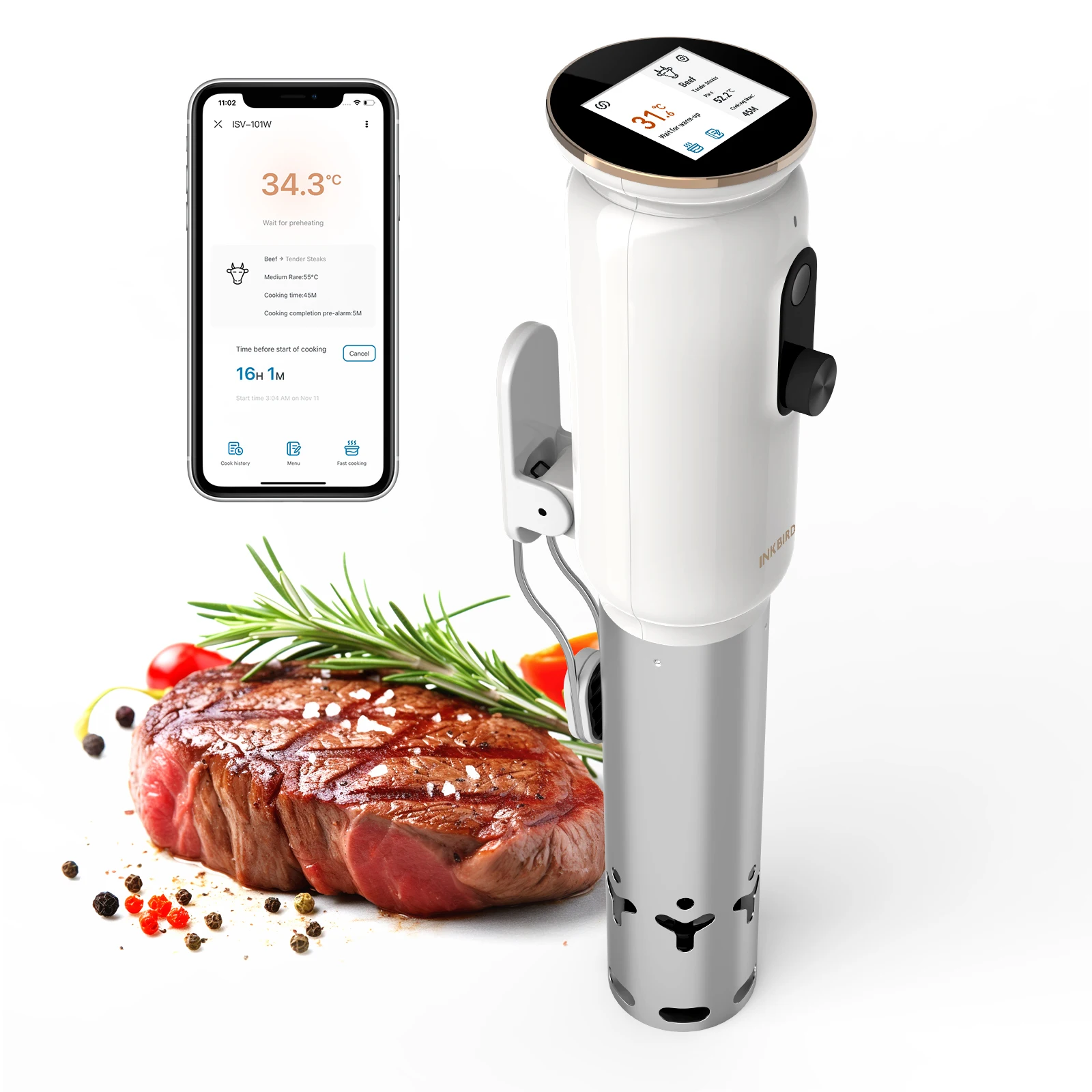 INKBIRD WiFi Sous Vide Machine ISV-101W 1000W Sous Vide Cooker 3D تسخين توزيع المياه مع قوائم محددة مسبقًا للتطهي
