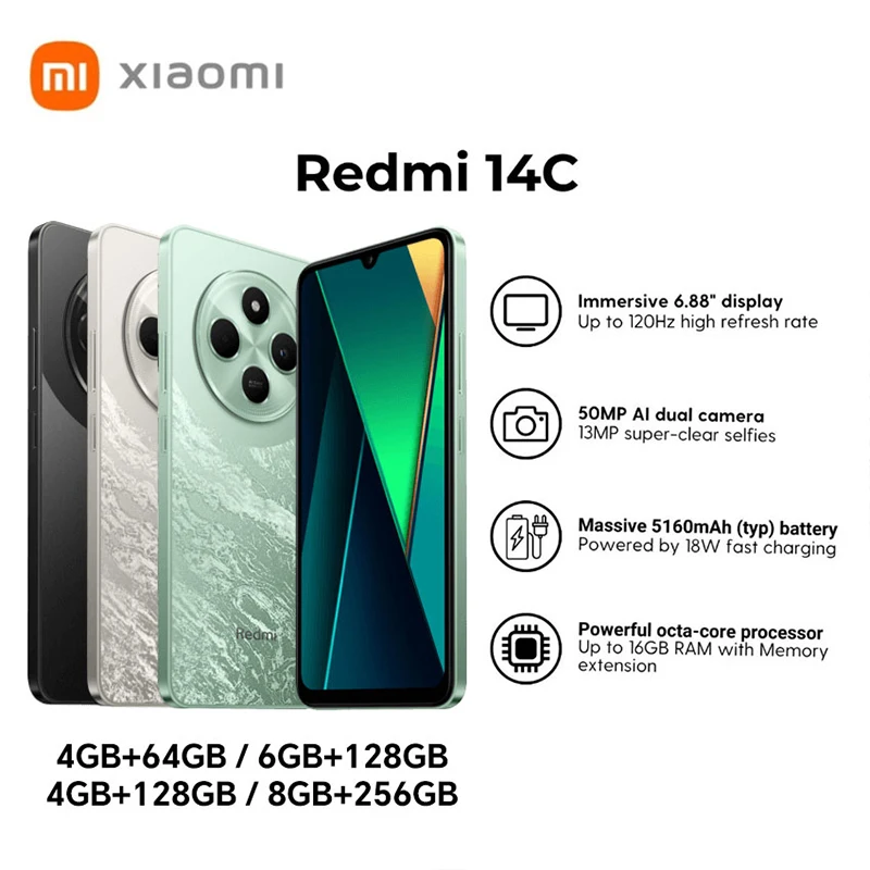 هاتف ذكي Xiaomi Redmi 14C غاطس بشاشة 6.88 بوصة 120 هرتز وكاميرا مزدوجة 50 ميجابكسل AI وبطارية كبيرة بقدرة 5160 مللي أمبير في الساعة