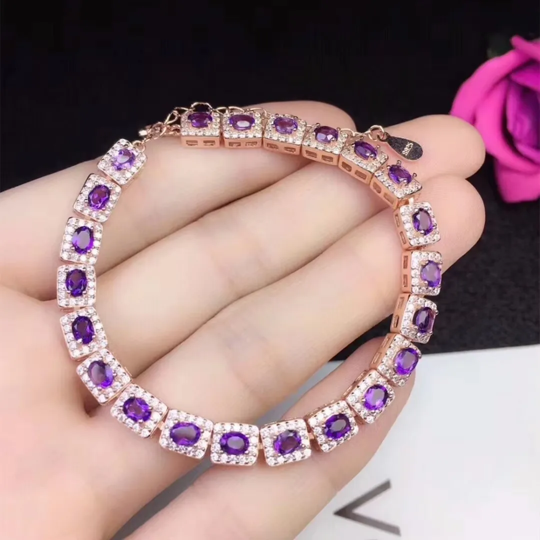 

Boutique Jewelry 925 Sterling Silver Natural Gem Amethyst Women's Bracelet Party Wedding Girl Birthday Gift New Year