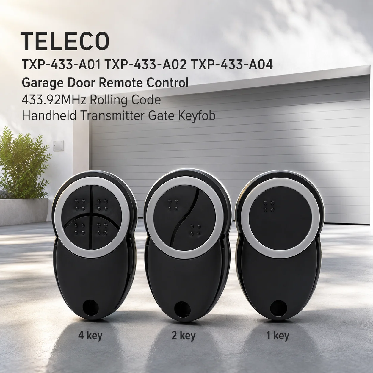 

TELECO TXP-433-A01 TXP-433-A02 TXP-433-A04 Garage Door Opener Handheld Transmitter 433.92MHz Rolling Code