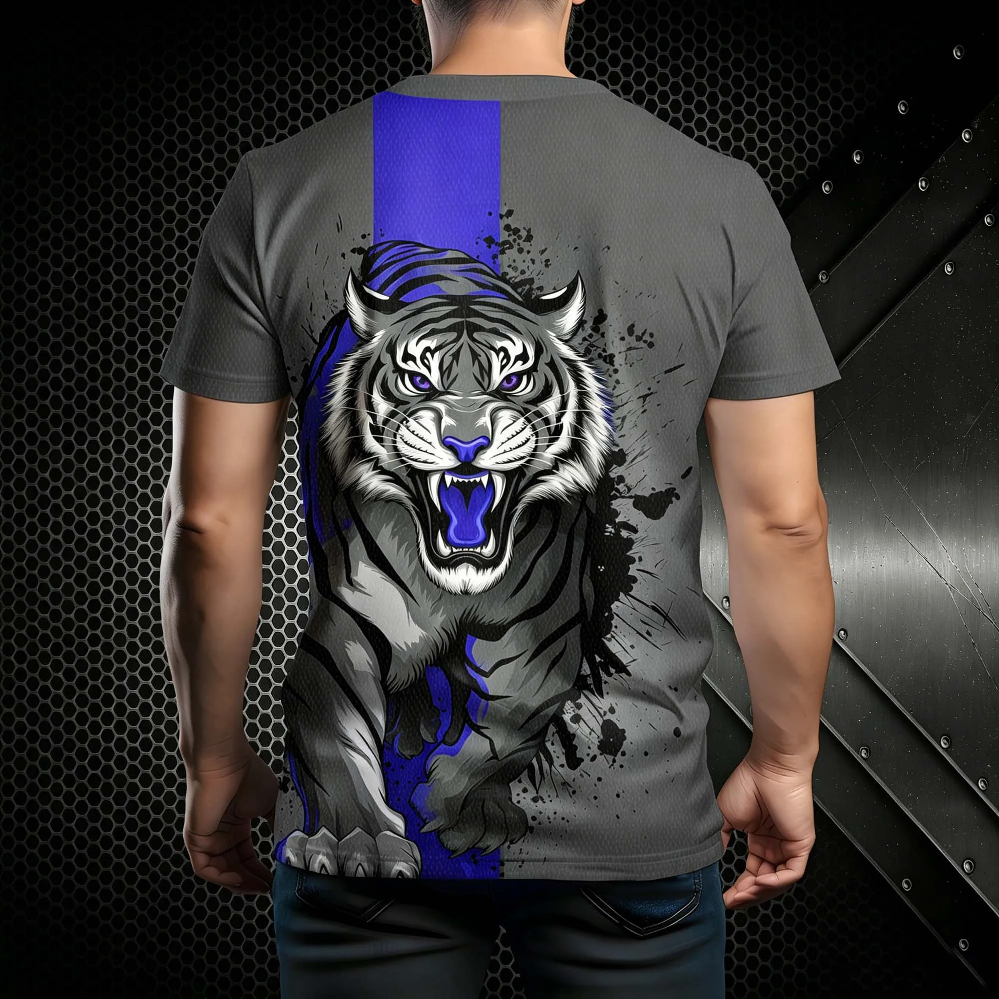 Summer Grey Color Block Tiger Splash Ink Pattern Men Athletic T-shirt Lightweight Short Sleeve Travel Street Shirts