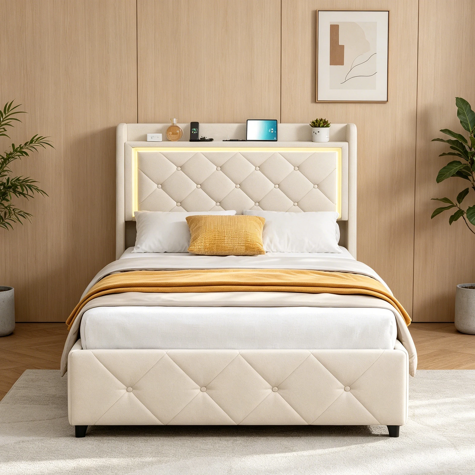 90x bed met boxspring, eenpersoons bedframe, één bed met 2 opbergladen en een aantal gestoffeerde bedden voor volwassen tieners.