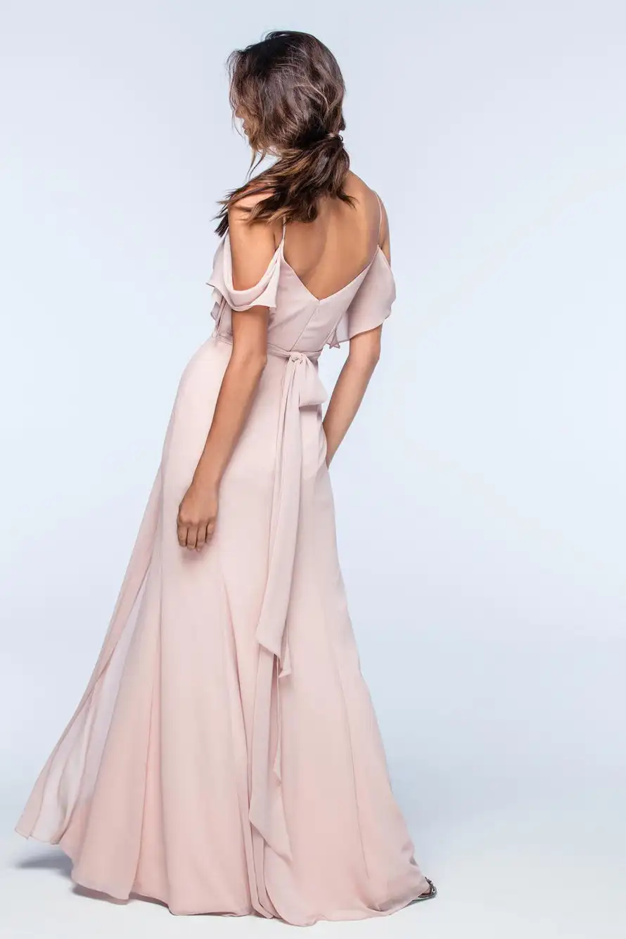 Spaghetti Straps V Neck Chiffon Bridesmaid Dresses 2024 Long A-Line Pleated Split Off Shoulder Short Ruffle Sleeve Prom Dresses