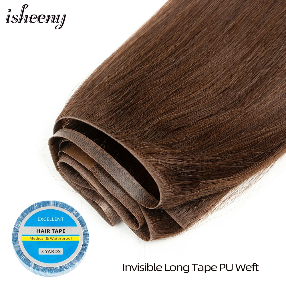 

isheeny Invisible Long Tape PU Weft Human Hair 12" 18" 20" 22" Seamless Tape in Hair Extensions No Glue Inject Weft Hair 80-100g