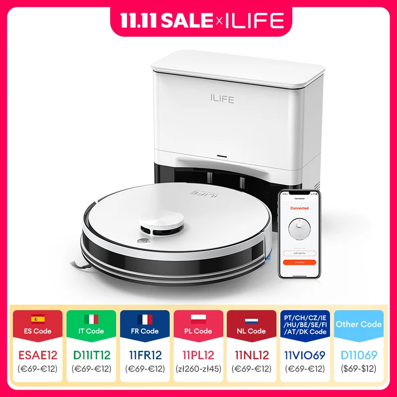 ILIFE A30 PRO 5000Pa Suction, Robot Vacuum and Mop Combo, Self emptying, 60 day capacity, App/remote , 180 minute running time