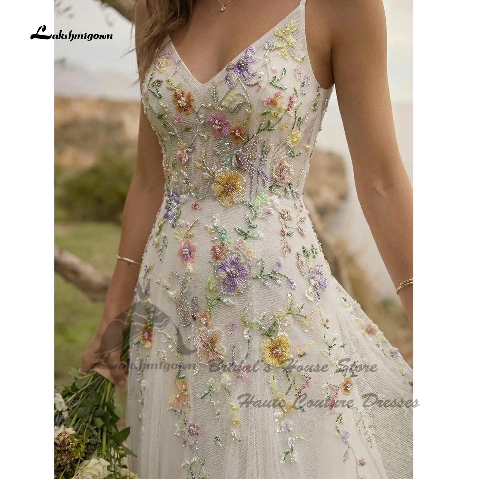 Lakshmigown Luxuriöse Blumen-Spitzen-Boho-Hochzeitskleider 2026 Sexy Damen Strand-Brautkleider V-Ausschnitt Spaghettiträger Maßanfertigung – Detail 3